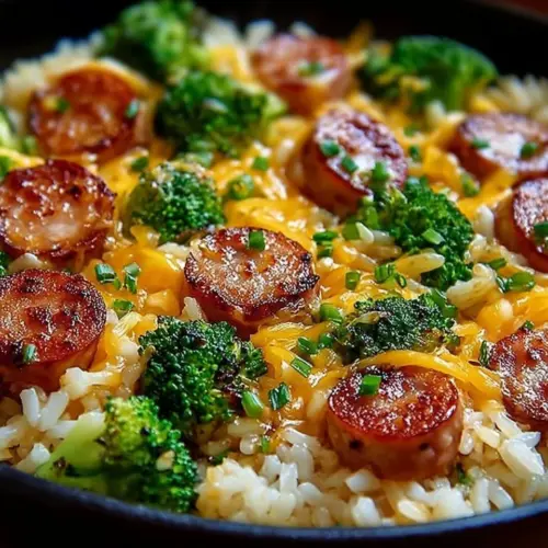 Cheesy Kielbasa Rice and Broccoli Skillet in a serving dish