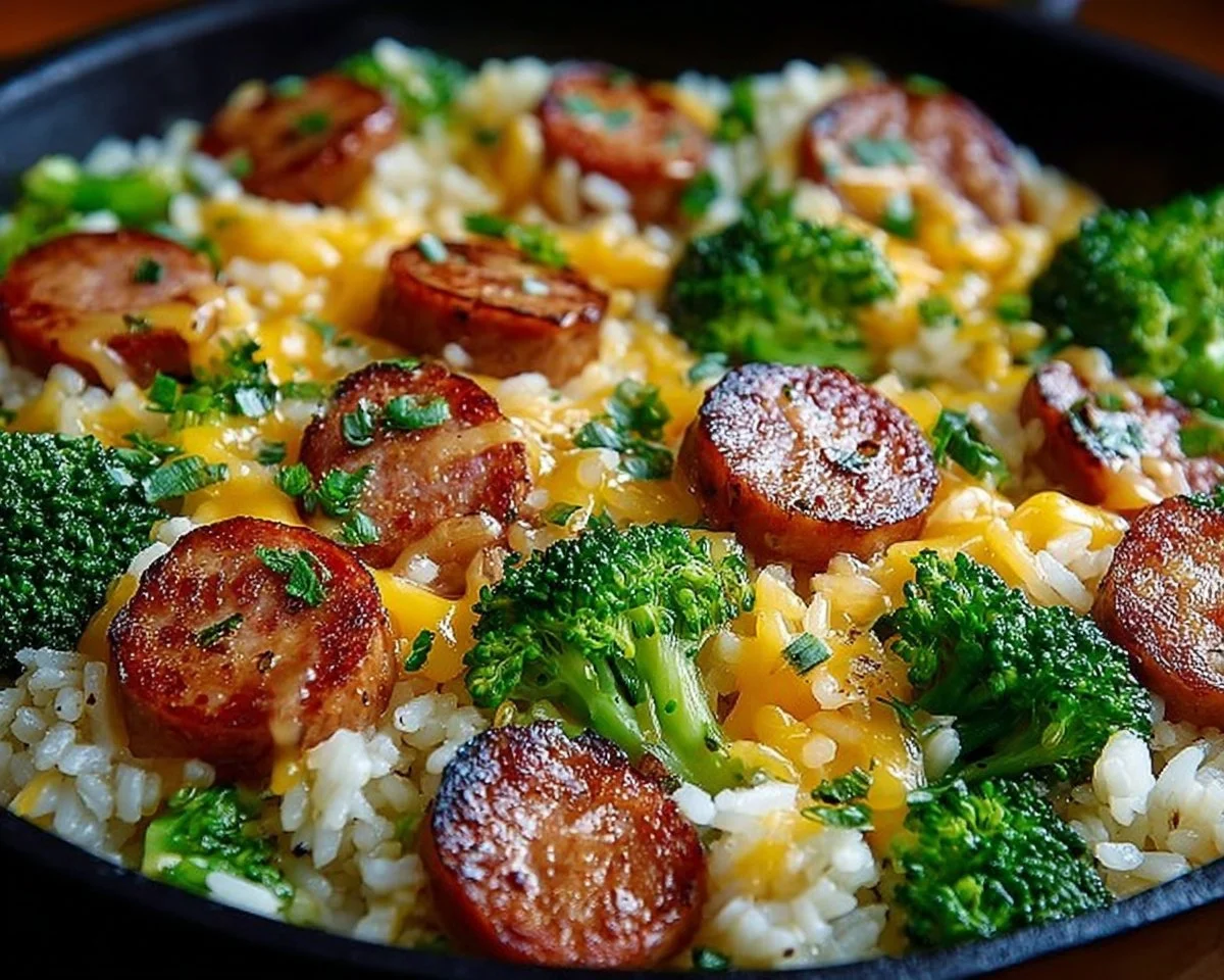 Cheesy Kielbasa Rice and Broccoli Skillet