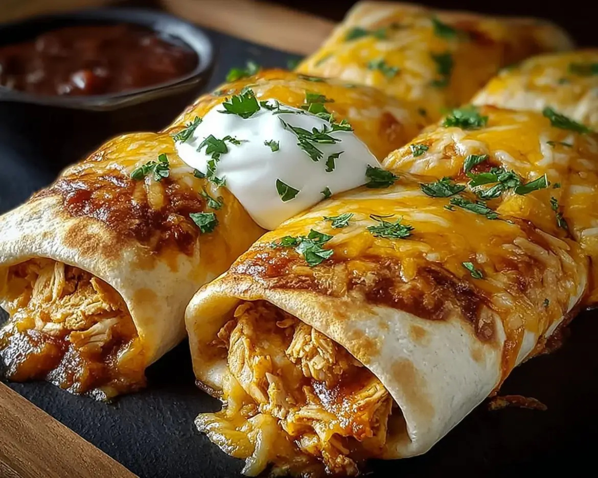 Delicious baked chicken chimichangas served with salsa and guacamole.