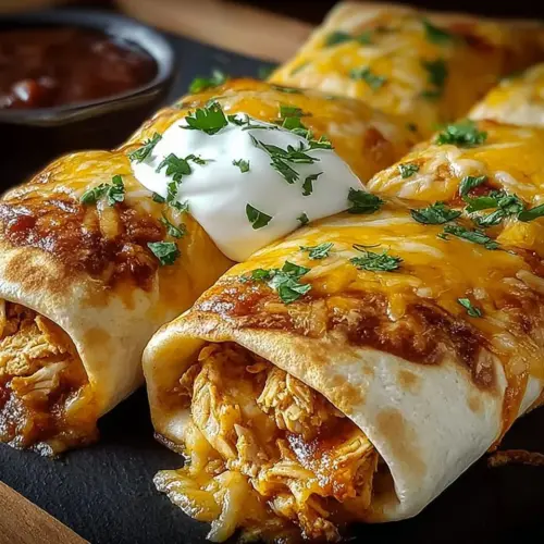 Delicious baked chicken chimichangas served with salsa and guacamole.