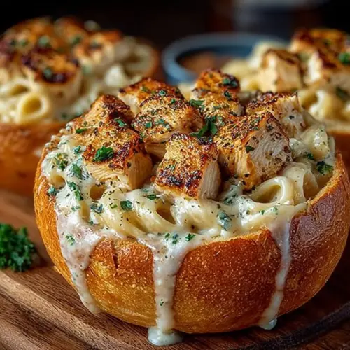 Delicious Chicken Alfredo Garlic Bread Bowls with creamy sauce and chicken.