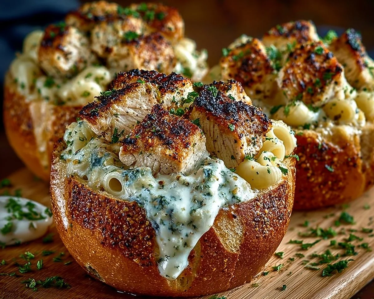 Chicken Alfredo Garlic Bread Bowls