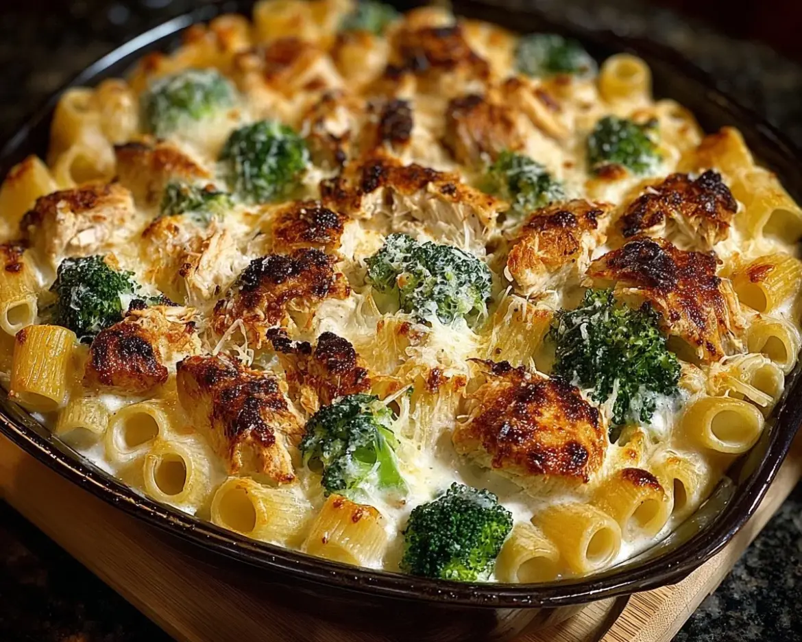 Creamy Chicken and Broccoli Baked Alfredo dish served in a bowl