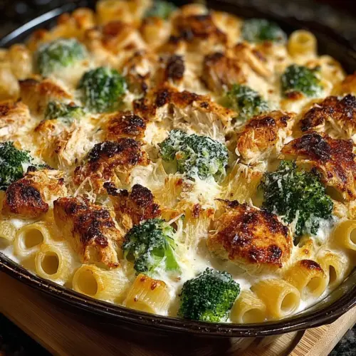 Creamy Chicken and Broccoli Baked Alfredo dish served in a bowl