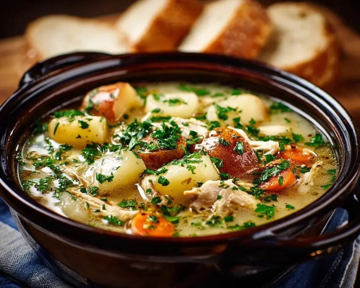 Bowl of homemade Chicken Potato Soup with chicken pieces and potatoes.