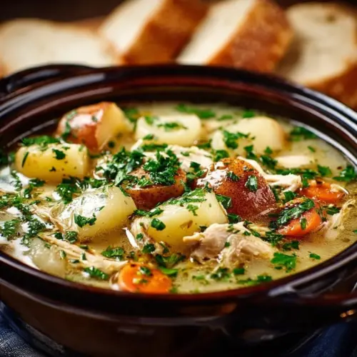 Bowl of homemade Chicken Potato Soup with chicken pieces and potatoes.