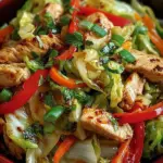 Plate of Chinese chicken cabbage stir-fry with colorful vegetables