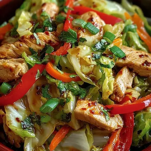 Plate of Chinese chicken cabbage stir-fry with colorful vegetables