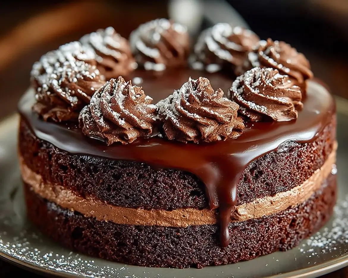 Delicious chocolate cake topped with silky mousse, perfect for dessert lovers.