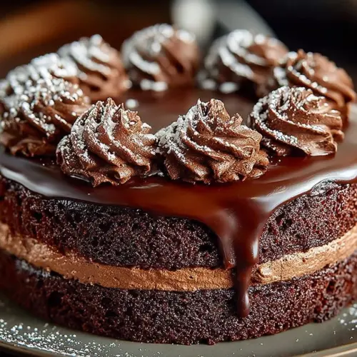 Delicious chocolate cake topped with silky mousse, perfect for dessert lovers.