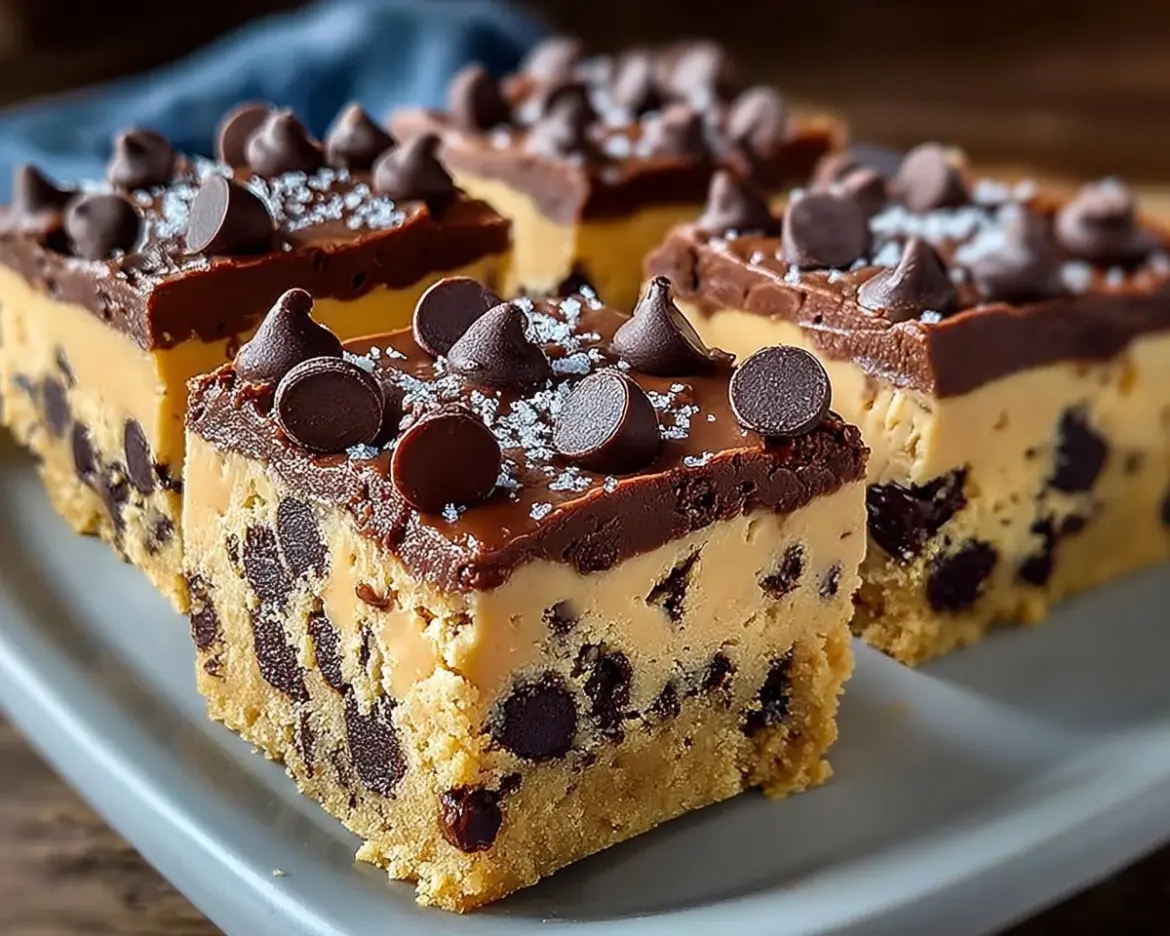 Delicious chocolate chip cookie dough bars fresh out of the pan