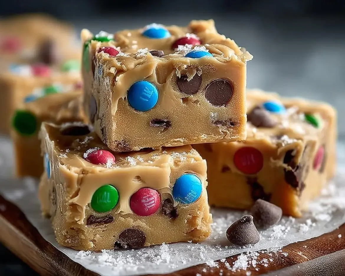 Delicious chocolate chip cookie dough fudge squares on a plate