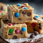Delicious chocolate chip cookie dough fudge squares on a plate