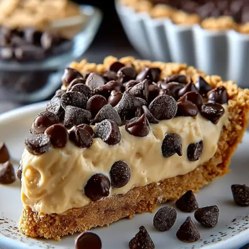 Delicious Chocolate Chip Cookie Dough Pie slice on a plate