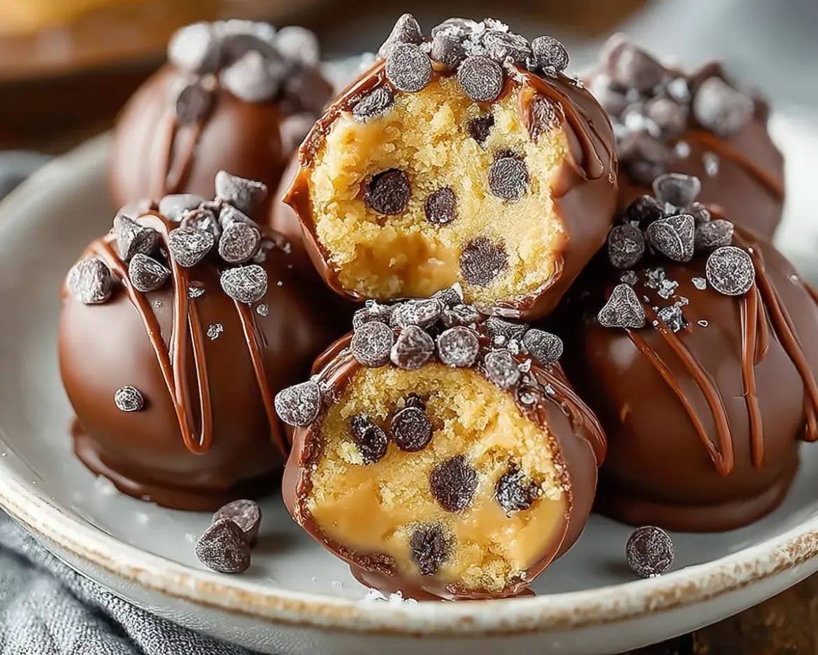 Delicious Chocolate Chip Cookie Dough Truffles on a white plate