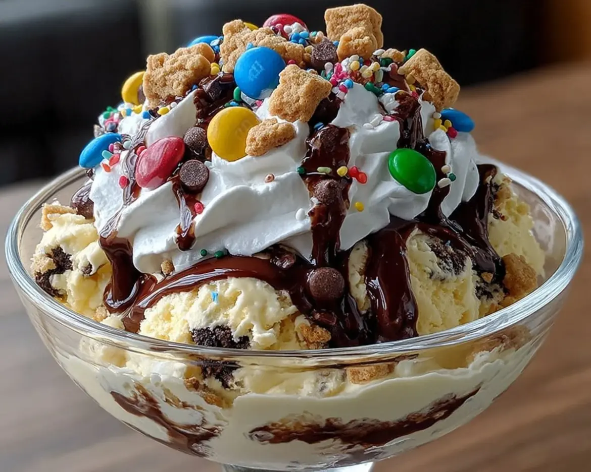 Chocolate Crunch Cookie Dough Sundae with ice cream and toppings