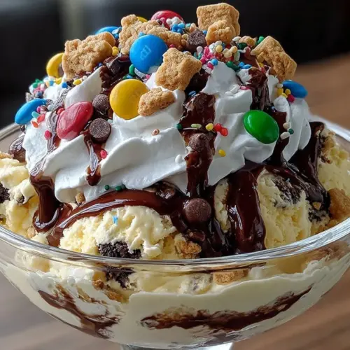 Chocolate Crunch Cookie Dough Sundae with ice cream and toppings