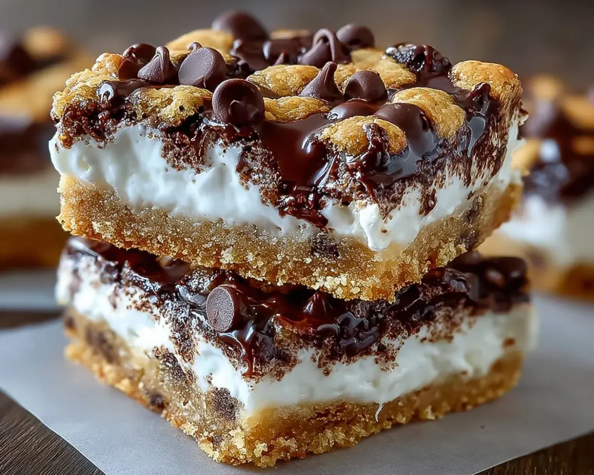 Chocolate Marshmallow Cookie Bars with gooey marshmallows and rich chocolate
