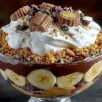Chocolate Peanut Butter Banana Cream Trifle in a glass dish with whipped cream and banana slices