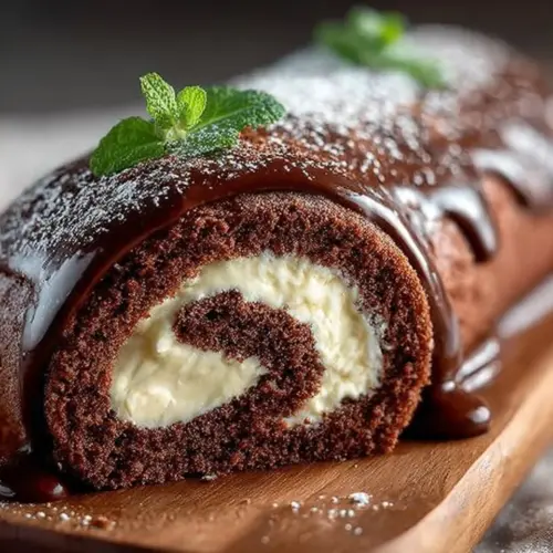 Delicious Chocolate Roll Cake garnished with whipped cream and chocolate shavings