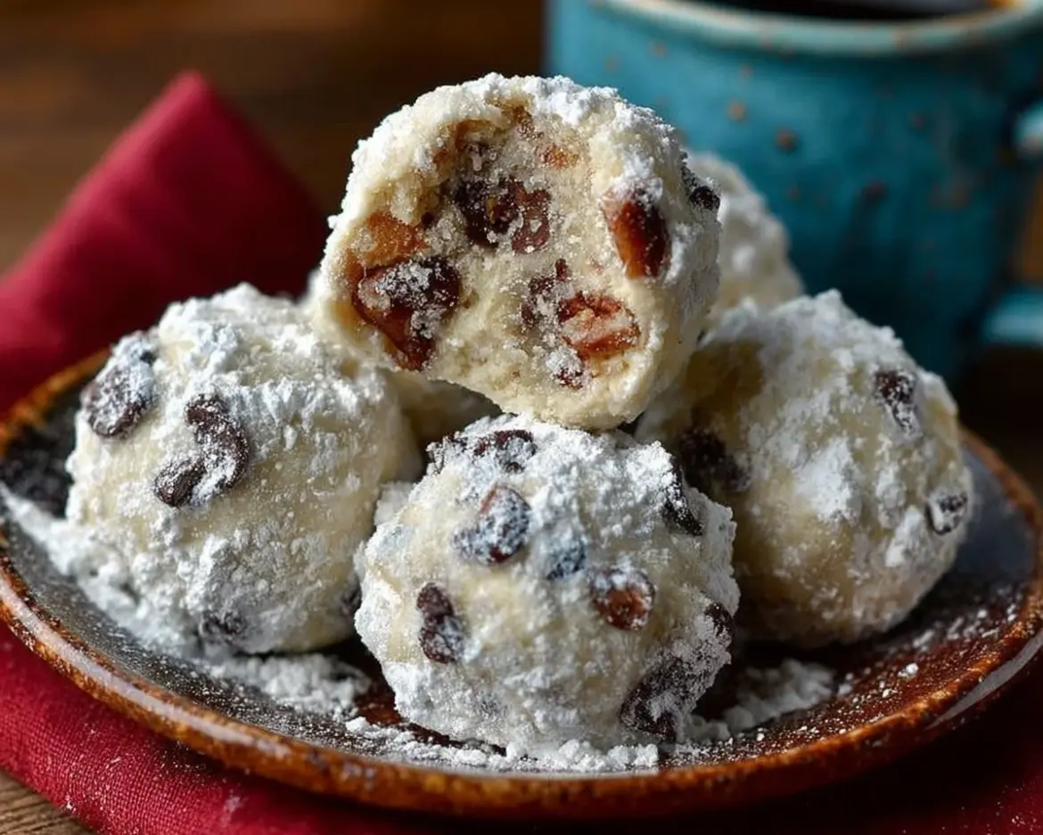 Delicious homemade chocolate snowballs coated in powdered sugar