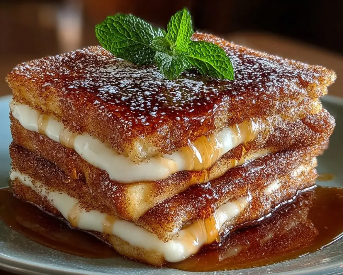 Churro stuffed French toast coated in cinnamon sugar, topped with syrup.