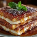 Churro stuffed French toast coated in cinnamon sugar, topped with syrup.