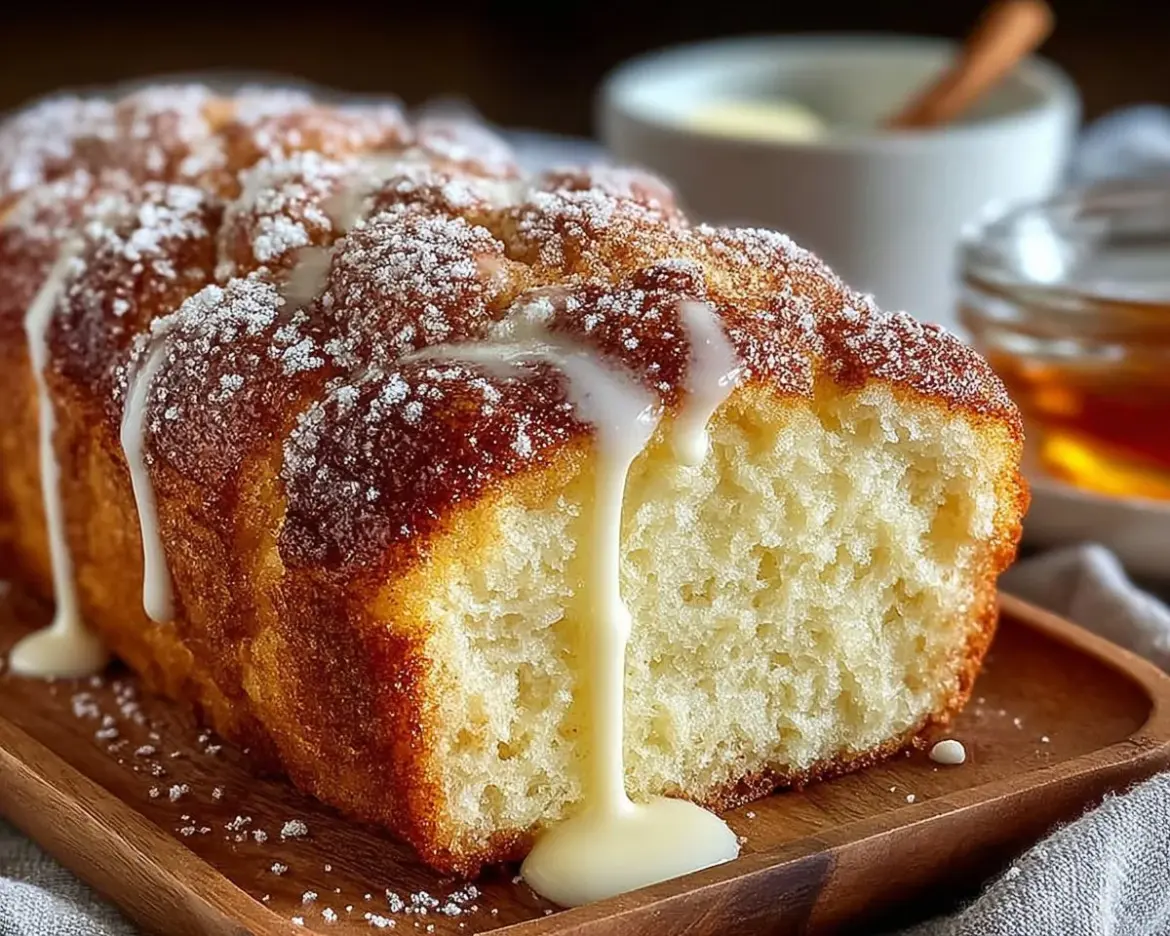 Delicious slices of homemade cinnamon donut bread on a wooden table