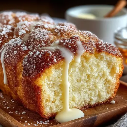 Delicious slices of homemade cinnamon donut bread on a wooden table