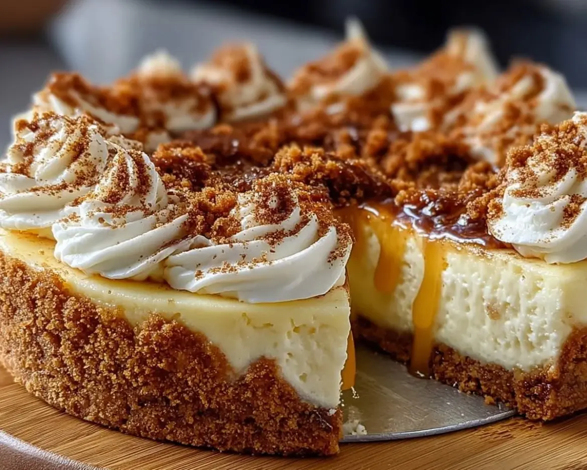 Cinnamon roll cheesecake topped with cream cheese frosting on a rustic plate