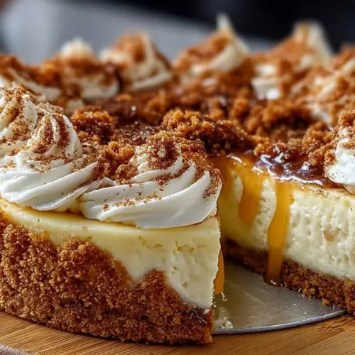 Cinnamon roll cheesecake topped with cream cheese frosting on a rustic plate