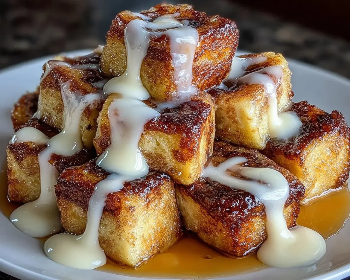 Cinnamon Roll French Toast Bites served on a plate with syrup drizzled on top.