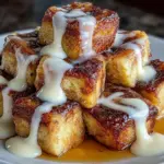 Cinnamon Roll French Toast Bites served on a plate with syrup drizzled on top.