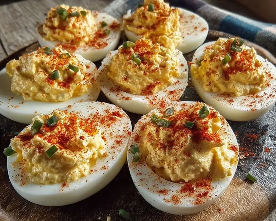 Classic deviled eggs on a serving platter garnished with paprika and herbs