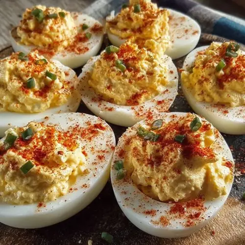 Classic deviled eggs on a serving platter garnished with paprika and herbs