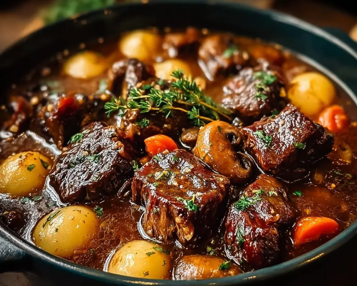 A hearty bowl of classic French beef stew with mushrooms garnished with herbs.