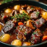 A hearty bowl of classic French beef stew with mushrooms garnished with herbs.