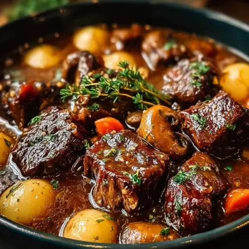 A hearty bowl of classic French beef stew with mushrooms garnished with herbs.