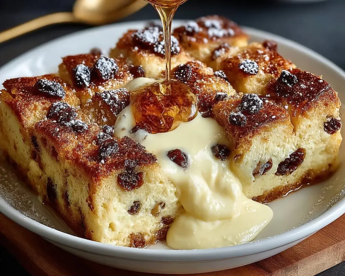 Classic New Orleans bread pudding served with caramel sauce and whipped cream.