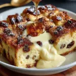 Classic New Orleans bread pudding served with caramel sauce and whipped cream.