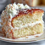 Delicious coconut cake topped with cream cheese coconut frosting on a white plate.