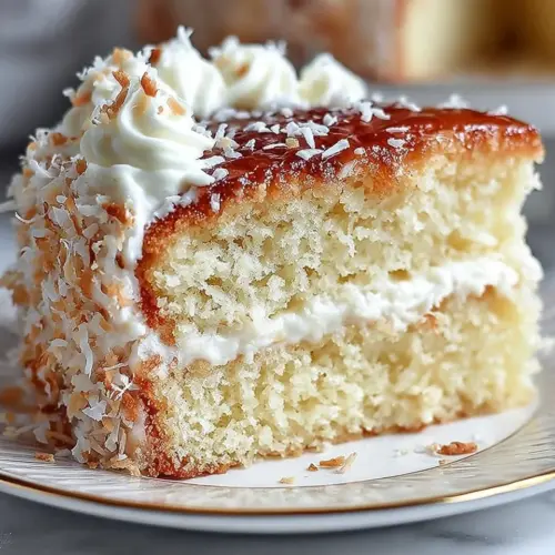 Delicious coconut cake topped with cream cheese coconut frosting on a white plate.