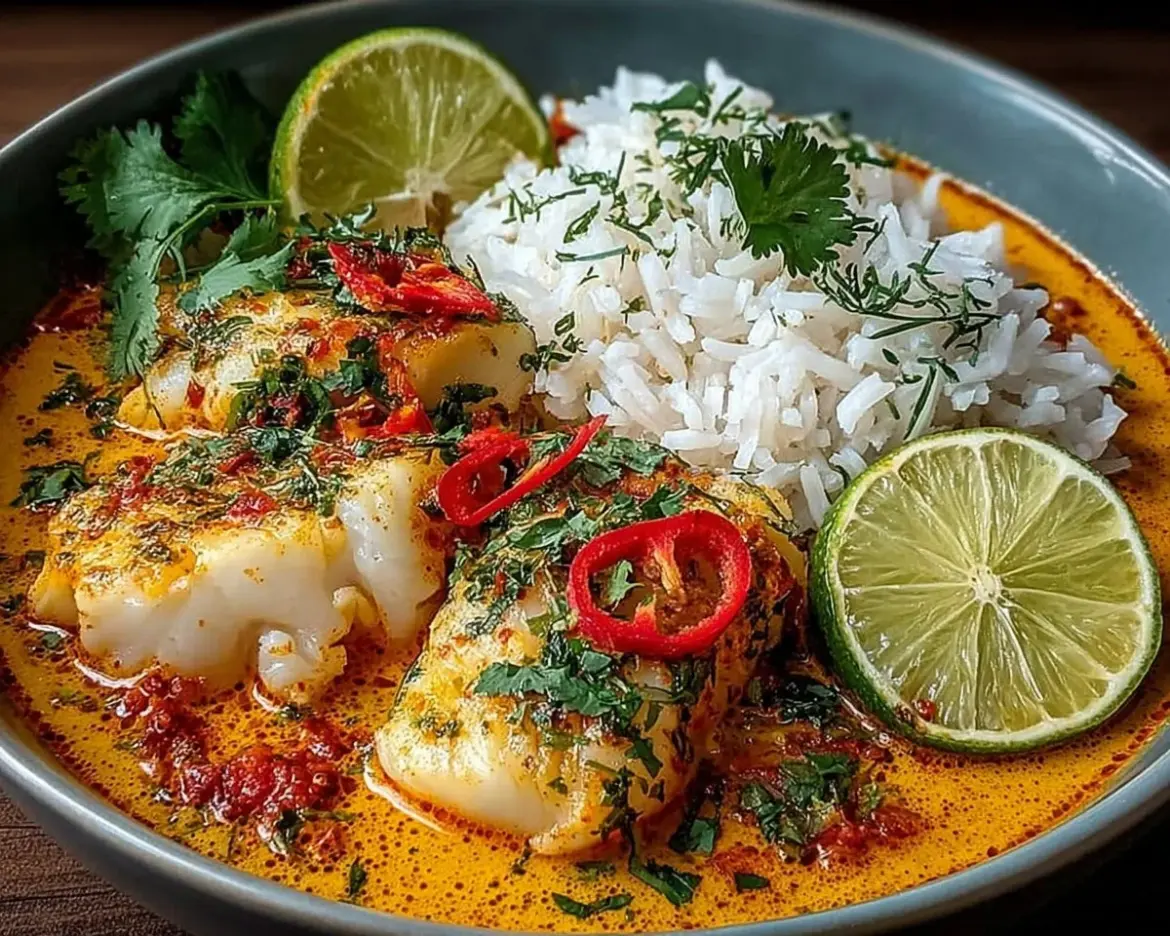 Coconut Lime Fish Curry served with Jasmine Rice on a plate