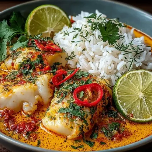 Coconut Lime Fish Curry served with Jasmine Rice on a plate