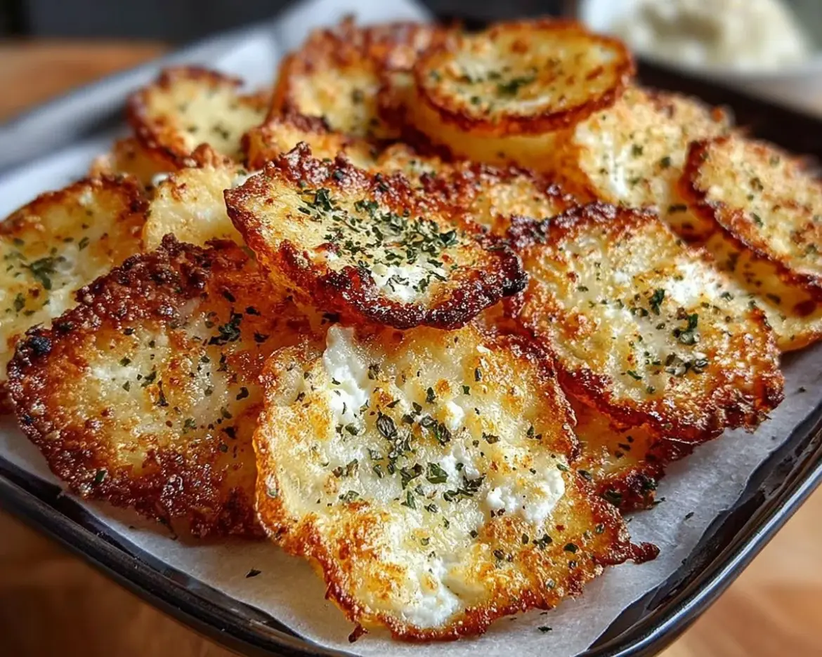 A bowl of crunchy Cottage Cheese Chips served with dip