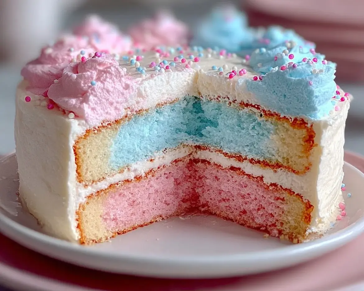 Delicious Cotton Candy Cake topped with colorful cotton candy and sprinkles