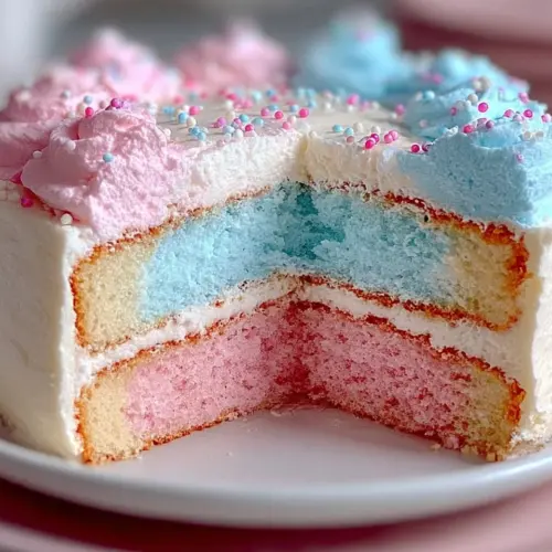 Delicious Cotton Candy Cake topped with colorful cotton candy and sprinkles
