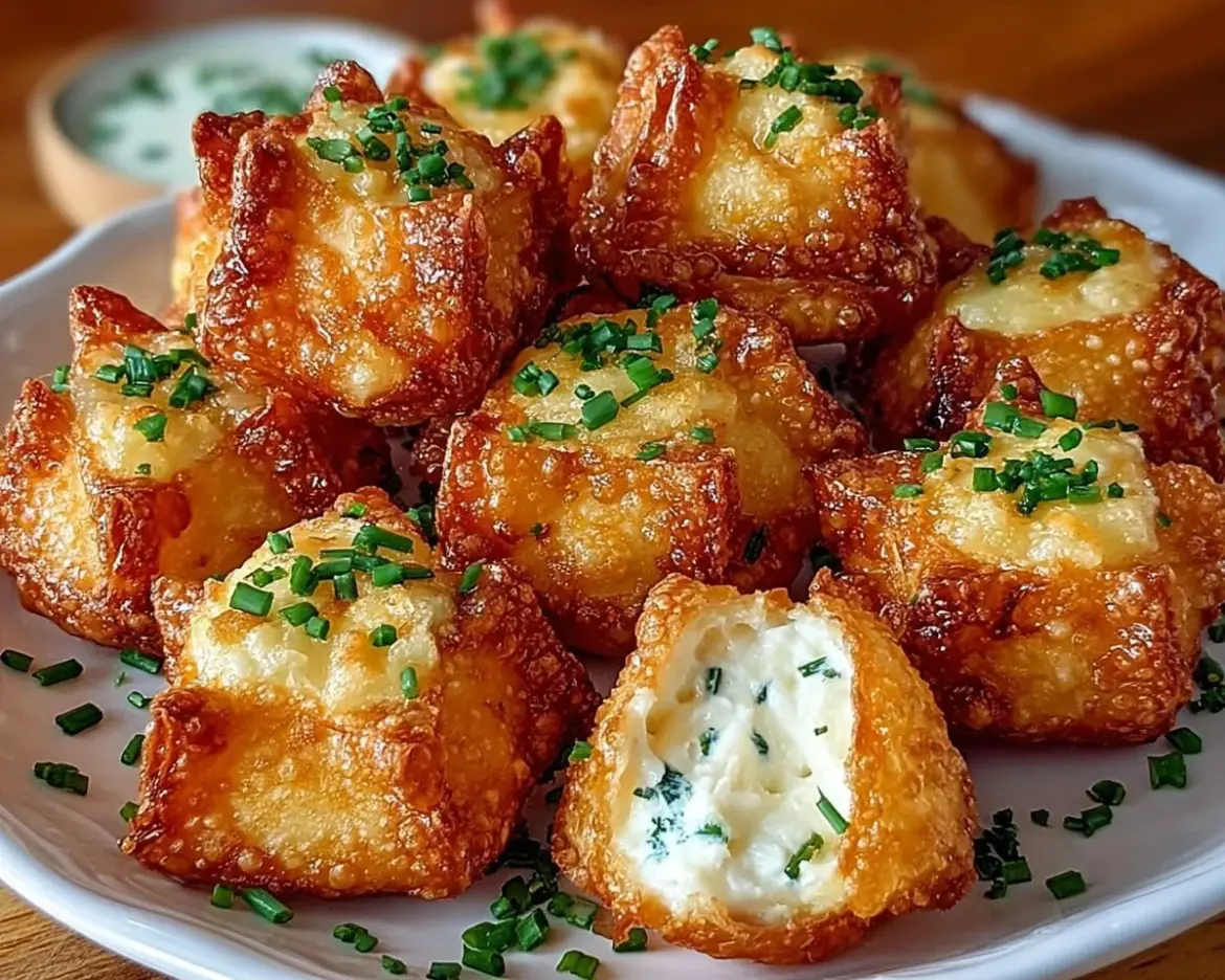 Crispy Crab Rangoon Bombs filled with creamy crab and served with dipping sauce.