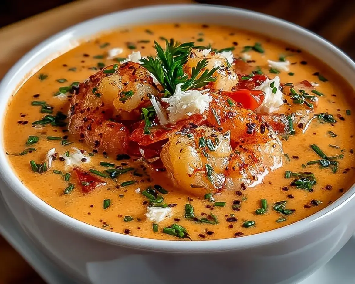 Delicious bowl of Crab & Shrimp Seafood Bisque garnished with herbs