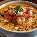 Delicious bowl of Crab & Shrimp Seafood Bisque garnished with herbs